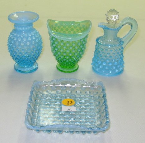 4 pc. Opalescent Glass Vases & Cruet: 5 pc. Opalescent Glass Vases & Cruet: 1.) Light blue opalescent hobnail square dish, no condition problems. 2.) Green opalescent hobnail vase, no condition problems. 3.) Blue opalescent hobnail vase, 