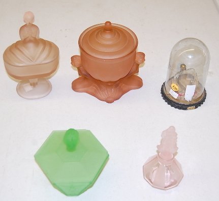 5 pc. Deco Powder Boxes & Perfumes: 5 pc. Deco Powder Boxes & Perfumes: 1.) Pink clear and frosted panel perfume bottle with floral stopper, no condition problems, 6". 2.) Heart shaped perfume bottle in an iron bottom glass dome contain