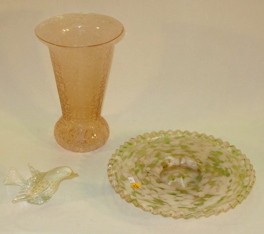 3 pc. Murano & Depression Glass: 3 pc. Murano & Depression Glass: 1.) Pink depression vase with frosted and clear design, 11 1/4". 2.) Murano style flat ruffled plate, pink and green with clear, 12 1/2" diameter. 3.) Murano glass bir