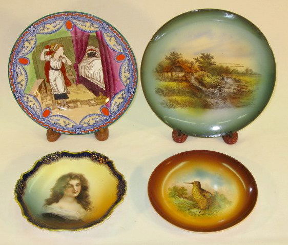 4 Decorated Plates: 4 Decorated Plates: 1.) Wedgwood Little Red Riding Hood theme with wolf in bed, impress mark Wedgwood, 10 3/8". 2.) Hanging plate with watermill scene; non legilbe marks, 10 5/8". 3.) R.C. Bavaria art
