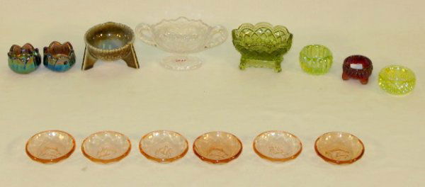 Group of 12 Salt Dips: Group of 12 Salt Dips: 1.) Set of 6 pink Intagio salts. 2.) 2 carnvial glass salts. 3.) 1 mulberry colored salt. 4.) 1 vaseline salt. 5.) 1 vaseline salt. 6.) Irish porcelain master salt or nut dish.