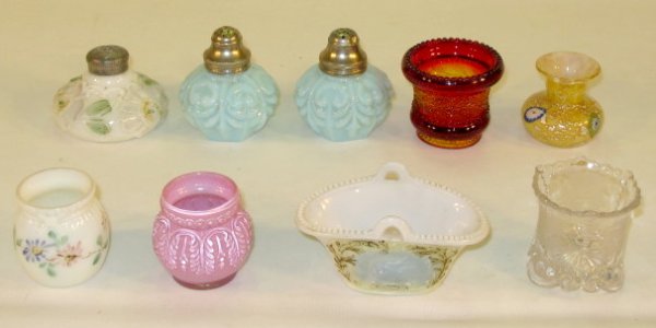 Mixed Group of Glass Shakers & Toothpicks: Mixed Group of Glass Shakers & Toothpicks: 1.) Amberina holly toothpick holder. 2.) Clear glass etched toothpick holder. 3.) Clear cased lavendar pattern toothpick holder. 4.) Milk glass paint decorat