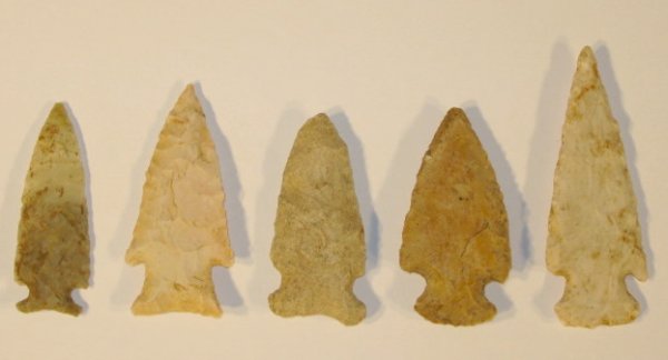 Native American: 5 Projectile Points: Native American: 5 Projectile Points: grey and tan colors - with notched ends in several styles. Not documented, but nice. 2 3/4" to 3 5/8" L. All items sell As Is, Where Is, no guarantees of any kind