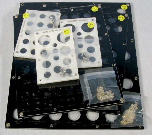 Coins - 6 Acrylic Coin Display Boards: Coins - 6 Acrylic Coin Display Boards: 2 gold types, 1 quarter eagles, 2 U.S. type coins and one for commemorative coins. 1892-1951. All items sell As Is, Where Is, no guarantees of any kind. We accep
