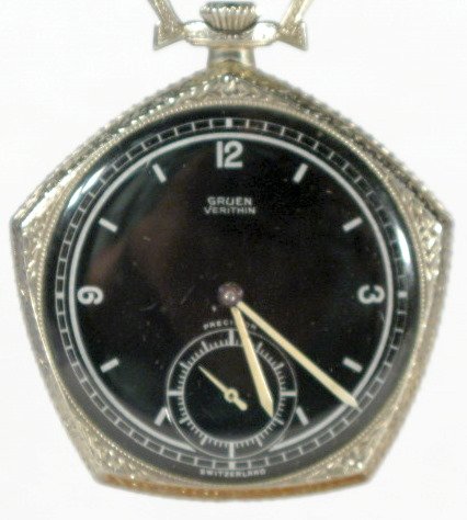 Gruen Verithin 17J 16S Open Face Pocket Watch: Gruen Verithin 17J 16S Open Face Pocket Watch: movement marked Precision, serial no.512507, adjusted 5 positions and temp. In a Gruen Verithin Pentagon 14K gold reinforced metal case no.3003436. Engra