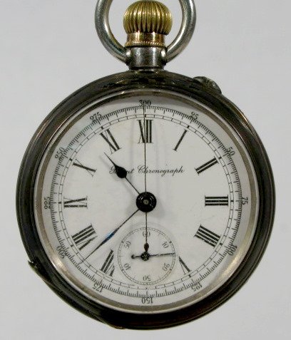 Patent Chronograph 16Sl 800 Silver Pocket Watch: Patent Chronograph 16Sl 800 Silver Pocket Watch: not serialized, stem wind, pin set. The white dial with Roman numerals has an outer band of numbers 0-300 and stop watch action. In a number 115974 800