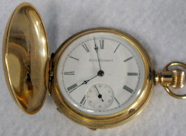 Seth Thomas 10S Gold Filled Pocket Watch: Seth Thomas 10S Gold Filled Pocket Watch: hunting case, serial no.111196. In a yellow case numbered 1765826. The case has fancy engraving. (Not running.) 1 5/8" wide All items sell As Is, Where Is, no