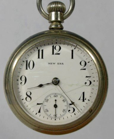NY Standard 18S New Era OF Pocket Watch: NY Standard 18S New Era OF Pocket Watch: serial no.894343; stem wind. In a white screw on silverine case numbered 46927. (The flat dial is fractured. The case looks buffed.) 2 1/4" wide and running at