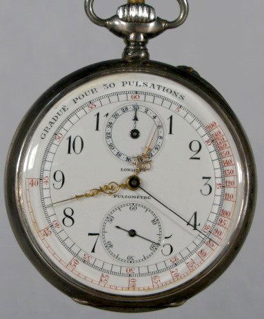 Longines 16S OF Silver Pulsometre Pocket Watch: Longines 16S OF Silver Pulsometre Pocket Watch: the inside cover has 1900 Exposition stamps and chronographe compteur. In a hinged E.F. Co. .800 silver case numbered 2444769. It is stem wind, pin set.