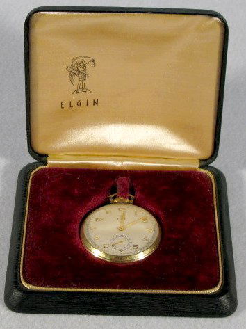 Elgin "Lord Elgin" 21J OF GF Pocket Watch in Box: Elgin "Lord Elgin" 21J OF GF Pocket Watch in Box: serial no.30558663; 8 adjustments. In a yellow snap on Keystone/J. Boss case numbered 9814456. Stem wind, running. The dial is nice. A 1936 presentati