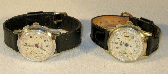 Bovet & Tilius 17J Wrist Watches: Bovet & Tilius 17J Wrist Watches: 1.) The Bovet has silver and red face with 2 dials. Stainless steel. 2.) The Tilius 17J, antimagnetic chronograph has a similar dial and case. (The crystal is chipped