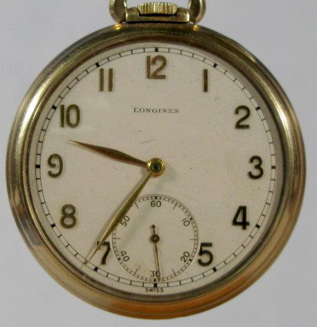 Longines 17J 14S OF SW 17L GF Pocket Watch: Longines 17J 14S OF SW 17L GF Pocket Watch: serial no.5727326, unadjusted. In a yellow snap on J. Boss case numbered 998508. (The dial and case are a bit scuffed.) 1 3/4" wide and running at this time