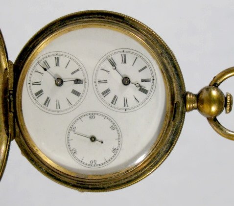 European Watch Co. KW Double Timer: European Watch Co. KW Double Timer: from Geneva, adjusted to heat and cold. There are 3. With 3 dials in a 18K gold plate hunting case numbered 60962 and 33048. 2 keys wind hands, one for time. (The g