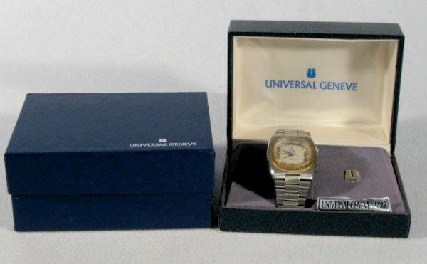 Universal Geneve Unisonic 15J Wrist Watch in Box: Universal Geneve Unisonic 15J Wrist Watch in Box: with zone timer. Stainless steel case numbered 854101 over 2875480. 15J No.54 movement, unadjusted. Not tested, no papers. These are estate watches th