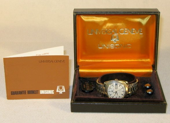 Universal Geneve Unisonic Wrist Watch in Box: Universal Geneve Unisonic Wrist Watch in Box: stainless steel with 2 tone silver dial, hands and markers, day and date at the 3. Not opened or tested. Paperwork describes a Unisonic tuning fork. These