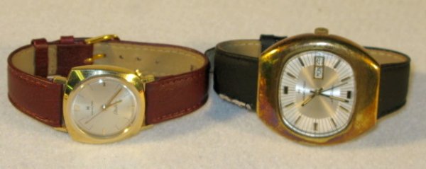 2 Hamilton Wrist Watches- Electric & Electronic: 2 Hamilton Wrist Watches- Electric & Electronic: 1.) Electric in a gold filled case, model 505, adjusted. With a silver dial, gold hands, markers and numbers. Not tested. 2.) Electronic Mod.702, 7J mo