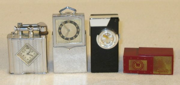 Mixed Lot Lighter Watches & Other: Mixed Lot Lighter Watches & Other: 1.) Golden Wheel lighter with inserted watch of the same name. The front flips up to access the watch stem. Running at this time. 2.) Swiss made lighter with a tiny 