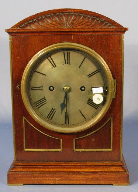W&H #4 8 Bell Bracket Clock: Winterhalder-Hofmeier Schwarzenbach #4 8 Bell Bracket Clock: 4 gongs, mahogany case, brass trimmed corners, 2 keys original, carved top. Running at this time. 13 3/4" t x 9 3/4" w All items sell As Is