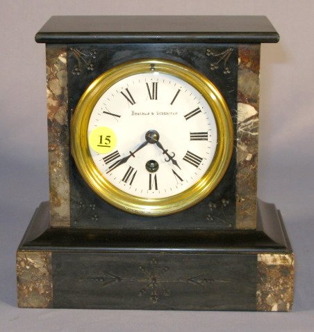 Bracher & Sydenham T/O Marble Shelf Clock: Bracher & Sydenham Time Only Marble Shelf Clock: with lighter inlaid trim, enameled dial, Roman numerals, brass bezel, beveled glass, circa 1877, Reading, PA. 8" t x 7 3/4" w All items sell As Is, Whe