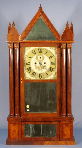 Spencer Hotchins & Co. 2 Wt. Shelf Clock: Spencer Hotchins & Co. 2 Wt. Shelf Clock: Salem Bridger, CT. Gothic mahogany case, time and strike. Not tested. (Weights replaced and mirrors. Second hand is gone.) 41" x 20" All items sell As Is, Whe
