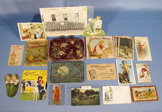 Group of Trade Cards, Postcards & Books: Group of Trade Cards, Postcards & Books: 1.) Advertising trade cards include: Empire Cream Separator; Heinz Pickles (2 of them); Mennen's Tooth Powder; Round Oak Stoves; McLanes Liver Pills; Garland S