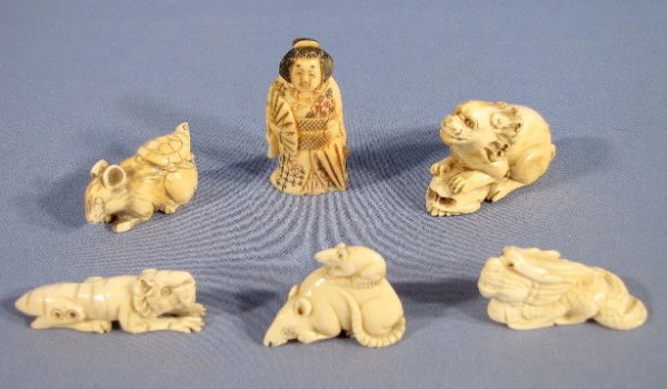 5 Ivory Netsukes & 1 Figure: 5 Ivory Netsukes & 1 Figure: all are carved in fine detail and are not modern tea stained souvenirs. 1.) Foo on skull, artist signed, 1 3/8" t x 2" 2.) Rat with a turtle on its back, 1 1/8" 3.) Rat wi