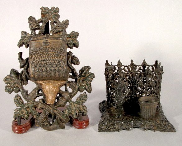 Cast Iron Match Holder & Smoke Set: Cast Iron Match Holder & Smoke Set: 1.) Large hanging match holder has a patent date of June 18, 1884 and is also marked Blue Ridge and L??GE. Designed with oak leafs, acorns, boars head, horn and wha