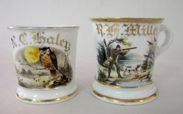 2 Shaving Mugs- Hunter & Owl: 2 Shaving Mugs: 1.) The hunter is aiming his gun at some birds while a pointer stands at his feet. The name R. Miller is on it. No makers info. 4" tall, no condition problems. 2.) The owl is on a bran