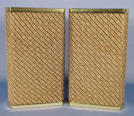 2 Leonhardt Speakers by Leonhardt Engineers: 2 Leonhardt Speakers: half round; cloth covered with wooden ends and brass bands. Made in Rockford, Illinois by Leonhardt Engineers. Not tested. 12 3/4" x 7 3/4" All items sell As Is, Where Is, no gua