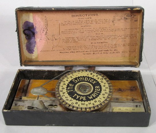 Simplex Typewriter in Box by Schnibbe & Sillcocks: Simplex Typewriter in Box: patented on August 30, 1892. Made by Schnibbe & Sillcocks of New York, N.Y. Everything is intact. (The box has rough edges.) Box- 1 3/4" x 4 3/4" x 10" All items sell As Is,