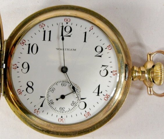 Waltham Model 94 Grade 220 15J 12S Pocket Watch: Waltham Model 94 Grade 220 15J 12S Pocket Watch: hunting case, serial #13486900, 1905 Dueber 14K Gold Filled, 25 yr case. No condition problems. 1 7/8" wide and running at this time. All items sell As