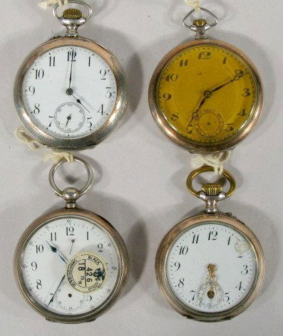 4 Open Face .800 - .900 Silver Pocket Watches: 4 Open Face .800 - .900 Silver Pocket Watches: 1.) Unsigned London 15J 16S .800 fine silver case. (Not running.) 2.) Remontoir 6J Cylinder .800 fine silver case. (Not running.) 3.) .800 fine silver ca