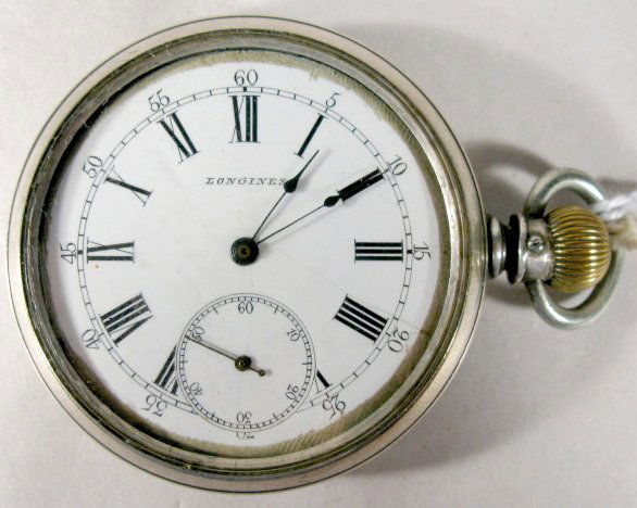 Longines 7J 12S Caliber 18.50 Pocket Watch: Longines 7J 12S Caliber 18.50 Pocket Watch: open face, lever set, sidewinder engraved case. (Dial hairlines.) 1 15/16" wide and running at this time. All items sell As Is, Where Is, no guarantees of a