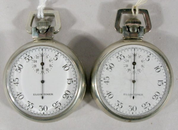2 Elgin 7J 16S Timers: 2 Elgin 7J 16S Timers: 1.) Serial no.42356427, 7J, 16S, 1946. (Dial hairline.) 2" wide and running at this time. 2.) Serial no.41514298, 7J, 16S. (Dial hairline.) 2" wide and running at this time. All