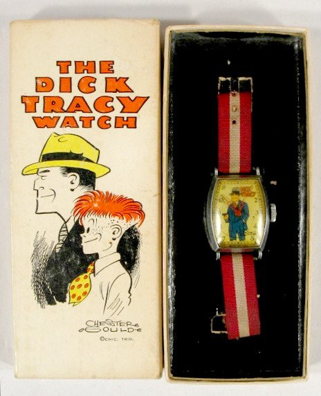 New Haven Dick Tracy Wrist Watch w/Box: New Haven Dick Tracy Wrist Watch: with band; dial signed Chester Gould. In original box. Nice graphics on box lid. Running at this time. All items sell As Is, Where Is, no guarantees of any kind. We a