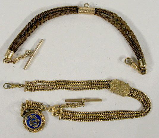 2 Men's Pocket Watch Chains, 1 w/Blue Enameled Fob: 2 Men's Pocket Watch Chains: 1.) 3 chain with slider and blue enameled fob w/AOUW, 11" 2.) 2 strand hair chain, 10" All items sell As Is, Where Is, no guarantees of any kind. We accept Mastercard & Vi