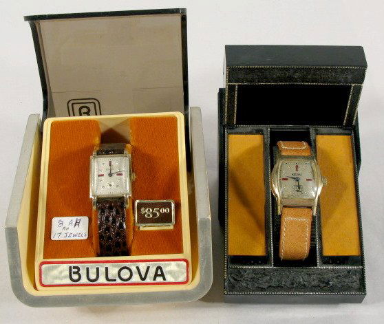 2 Wrist Watches w/Gemstones-Bulova & Medana: 2 Wrist Watches w/Gemstones on Dial: 1.) Bulova 17J with box. With rubies and diamond chips on dial. Running at this time. 2.) Medana 7J with box. With rubies and diamond chips on dial. Running at thi