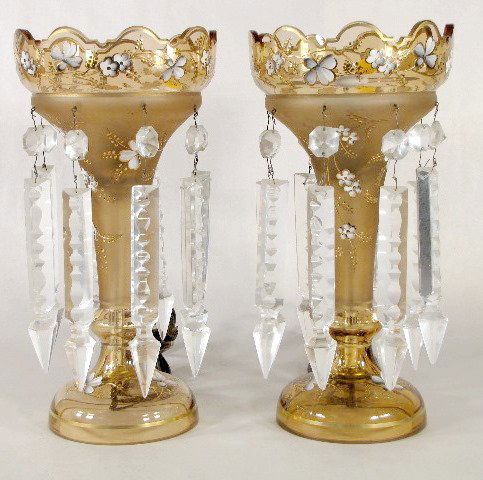 Pr. Light Amber Glass Mantle Lusters, Electric: Pr. Light Amber Glass Mantle Lusters, Electric: with satin finished stems and enamel floral decorated with gilt outlines and trim. No condition problems. 12" tall All items sell As Is, Where Is, no gu