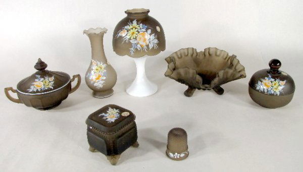 7pcs Westmoreland Brown Satin Glass: 7pcs Westmoreland Brown Satin Glass: all have floral decoration. 1.) Candle lamp with milk white base, 7 1/2" t. 2.) Footed bowl with grape pattern, 3 1/4" t x 7 1/2" w. 3.) Vase , 6 1/4" t. 4.) Squar