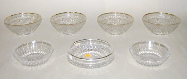 Val St.Lambert, Gorham & Other Clear Glass: Val St.Lambert, Gorham & Other Clear Glass: 1.) The 2 Val St.Lambert items are shallow dishes with tapered notches around them, 1 3/4" x 4 7/8". 2.) Gorham lead crystal bowl with metal rim, 1 3/4" t x