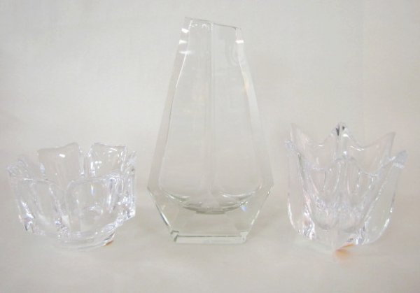 2 Orrefors Bowls & 1 Crystal Vase: 2 Orrefors Bowls & 1 Crystal Vase: 1.) Both Orregors bowls are clear, one has 6 panels with notched edge, 3 3/8"; the other has 6 inverted panels and pulled up points on the edge, 4". 2.) The vase has