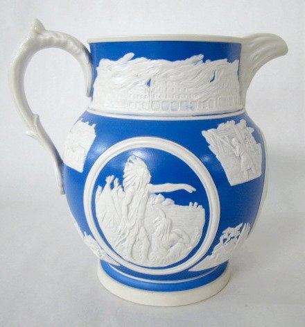 Rare Chicago Pitcher by Copeland: Rare Chicago Pitcher by Copeland: blue and white Parian with scenes of historical significance and early American life. Designed by Frank E. Burley. Described as a deluxe edition and numbered 483. No 