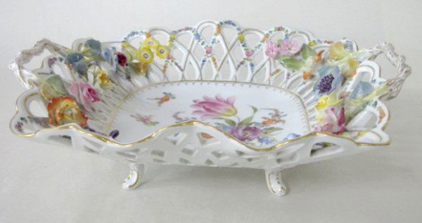 Dresden Footed Dish w/Applied Flowers: Dresden Footed Dish w/Applied Flowers: the handles are twisted and shaped as twigs. The openwork sides have applied and painted flowers of several kinds. A colorful bouquet is in the center. (Several