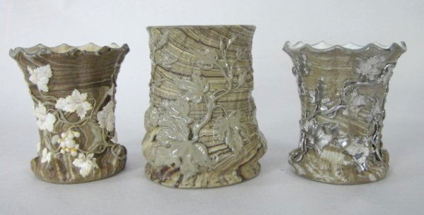 2 Villeroy & Bach Vases & Other Unmarked Vase: 2 Villeroy & Bach Vases & Other: 1.) The 2 Villeroy & Bach vases are No.304 with pastes marks. Both have tan and white bodies, one with platinum highlighted leaves, the other white and gold grape vine