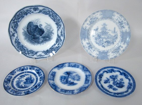 Cauldon Flo Blue, Allerton Transfer, Other Plates: Cauldon Flo Blue, Allerton Transfer, Other Plates: 1.) Madnas pattern by Doulton, Burslem, 6 1/2" w. 2.) Tokio by Johnson Bros, 6 5/8" w. 3.) Shanghai by unknown, 7" w. 4.) Chinese by Allerton, 9" w. 