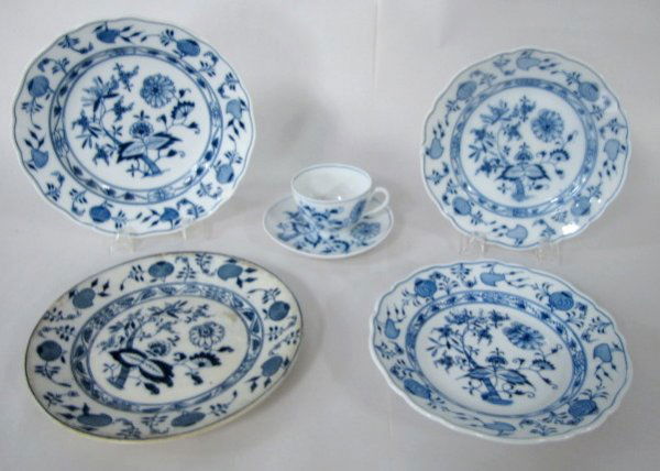 5 Onion Pattern Pcs- Plates, Cup & Saucer: 5 Onion Pattern Pcs- Plates, Cup & Saucer: 1.) 2 are signed Meissen in an oval, also Germany. 8 1/2" w (1 has a short central hairline.) 2.) Shallow, soup like plate with cross swords mark with 7A11 a