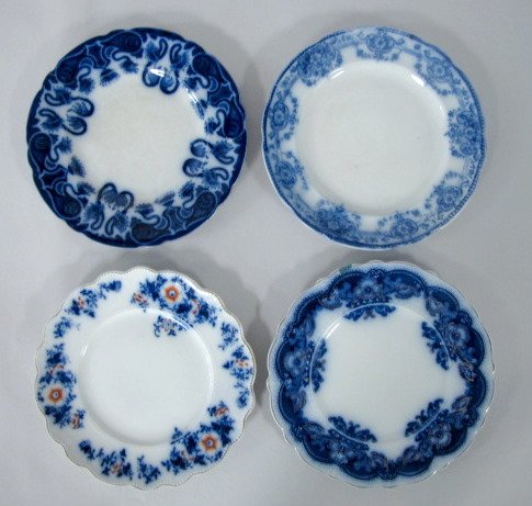 4 Flow Blue Plates, Various Makers: 4 Flow Blue Plates, Various Makers: 1.) Don Pattern by Allertons, circa 1904, 8" w. (There is some light colored staining and a short hairline.) 2.) Oregon pattern by Johnson Bros., 8" w. (Rim chip.)