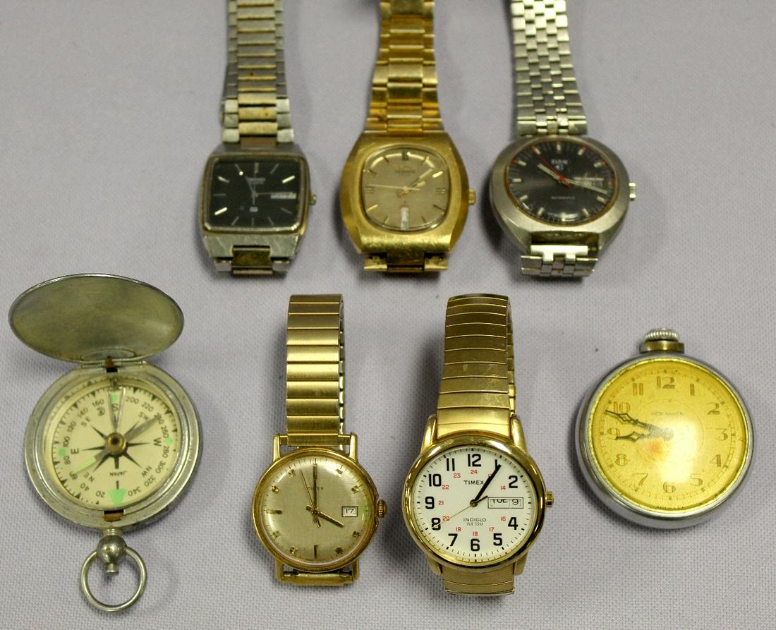 Lot of 7 Various Watches/Compasses: Lot of 7 Various Watches/Compasses. 2- Seiko Quartz WWs, 1- Elgin automatic ww, running. 1- Timex manual- wind WW, running; 1-Timex Quartz w/ white 24 hour dial; 1- New Haven "Dollar Watch"- not runni