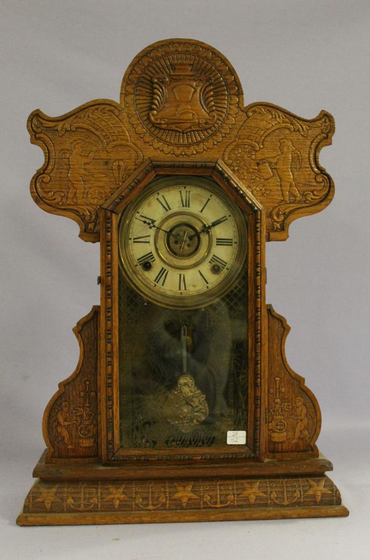 E.N. Welch Carved Oak Kitchen Mantle Clock (1 of 4)