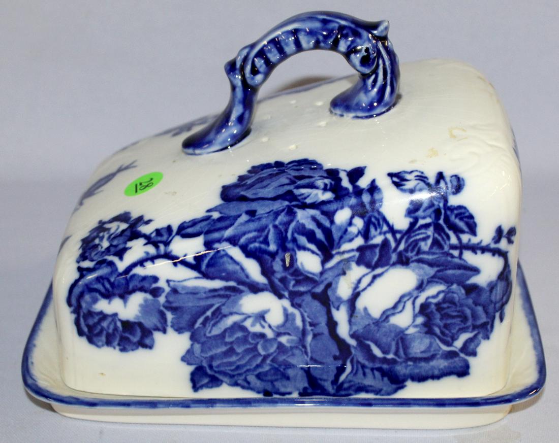 Blakeney "Victoria" Ironstone Covered Cheese Dish.: Blakeney "Victoria" Ironstone Covered Cheese Dish. Staffordshire, England, blue and white with rose decoration. Not antique.
